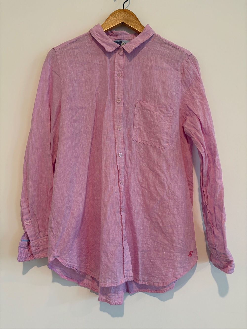 Joules Pink 100% Linen Long Sleeve Button Down Shirt Hare Logo Women's US 10